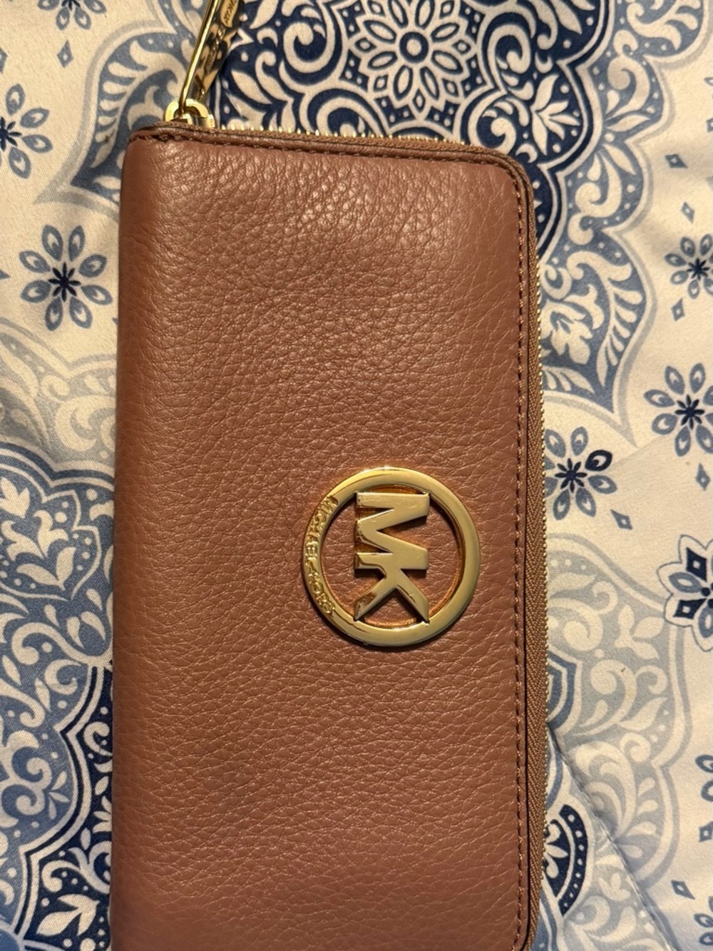 Michael Kors Rose Brown Leather Zip Wallet with Gold MK Emblem